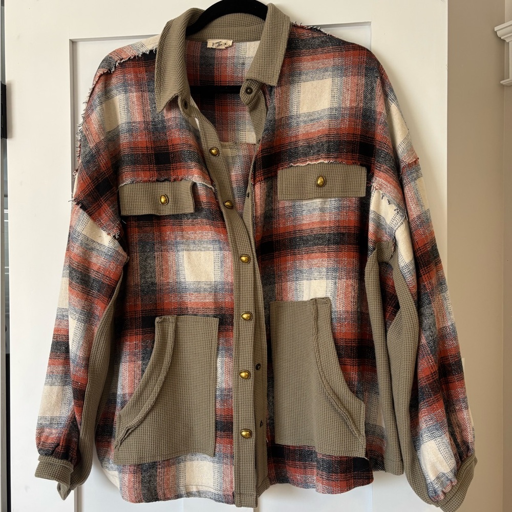 POL Red and Cream Plaid Utility Jacket